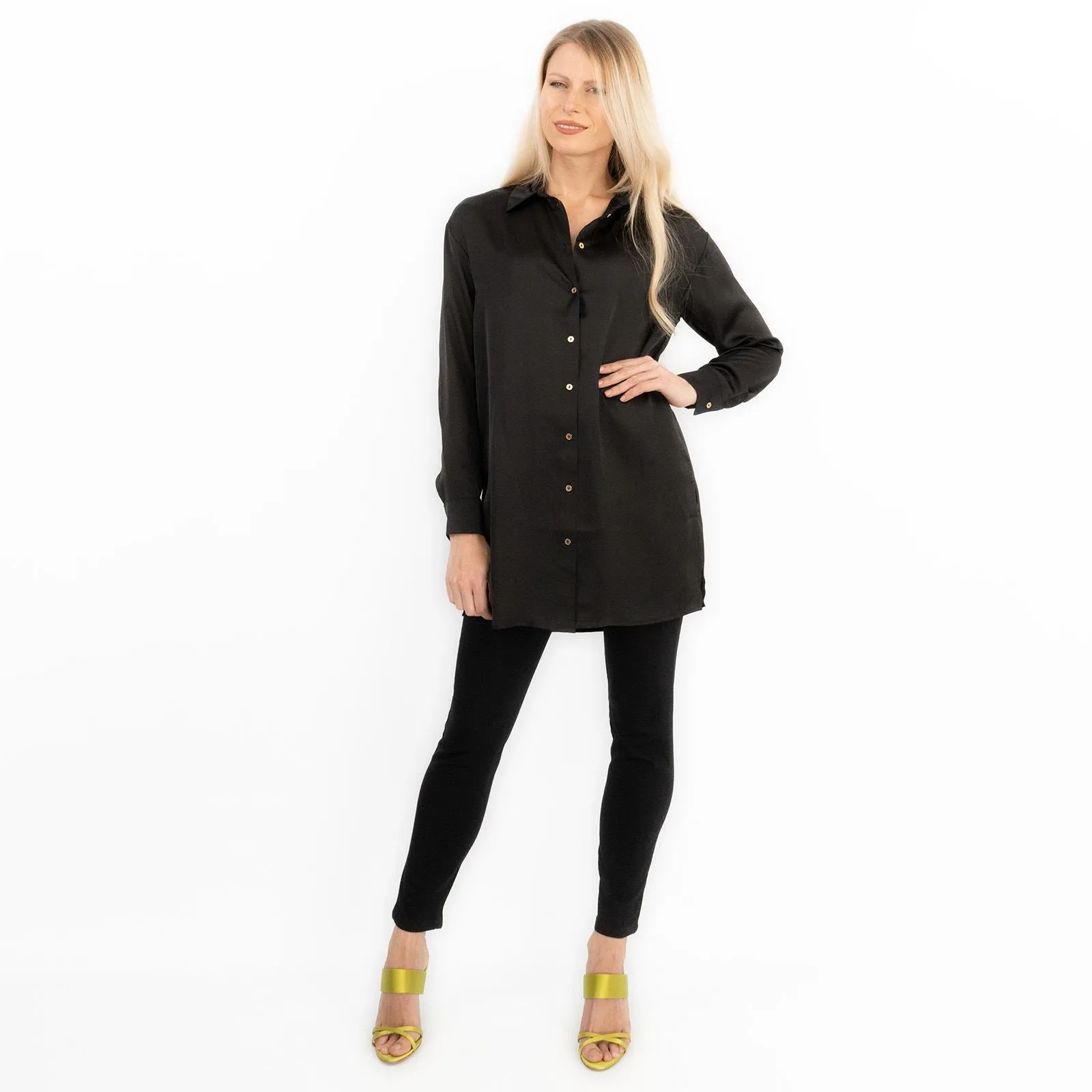 Coast Black Drap Satin Longline Long Sleeve Tunic Shirt