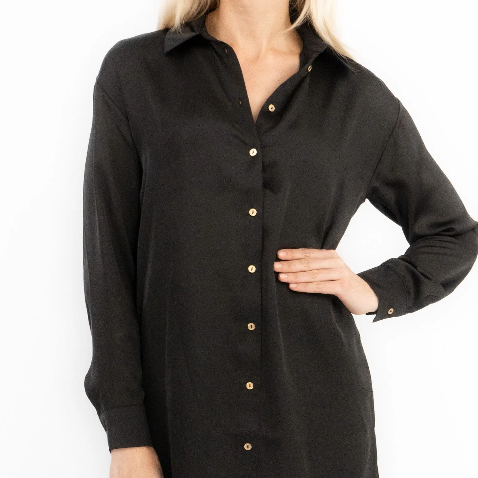 Coast Black Drap Satin Longline Long Sleeve Tunic Shirt