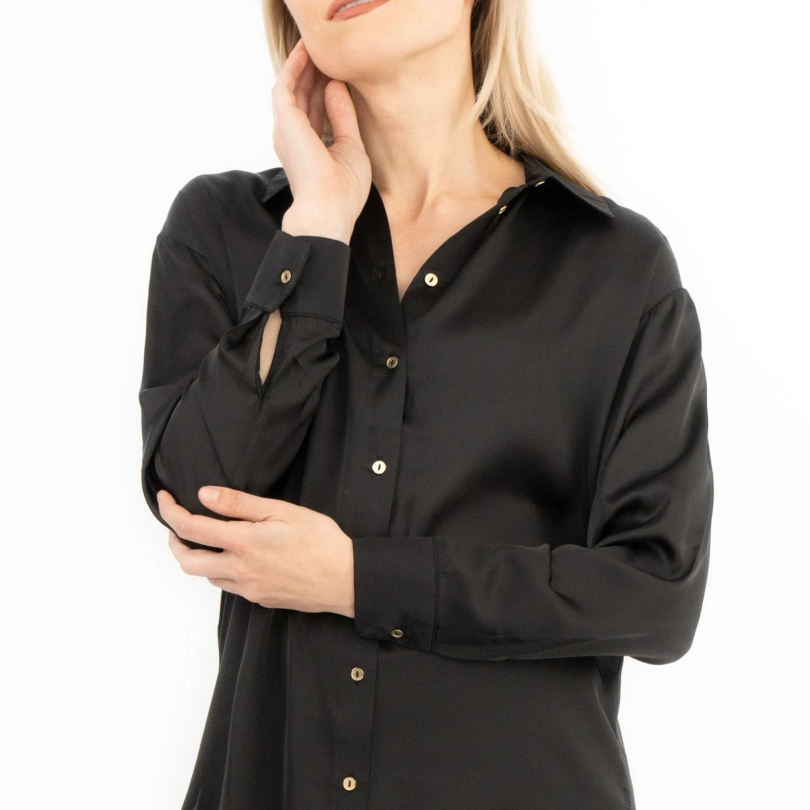 Coast Black Drap Satin Longline Long Sleeve Tunic Shirt