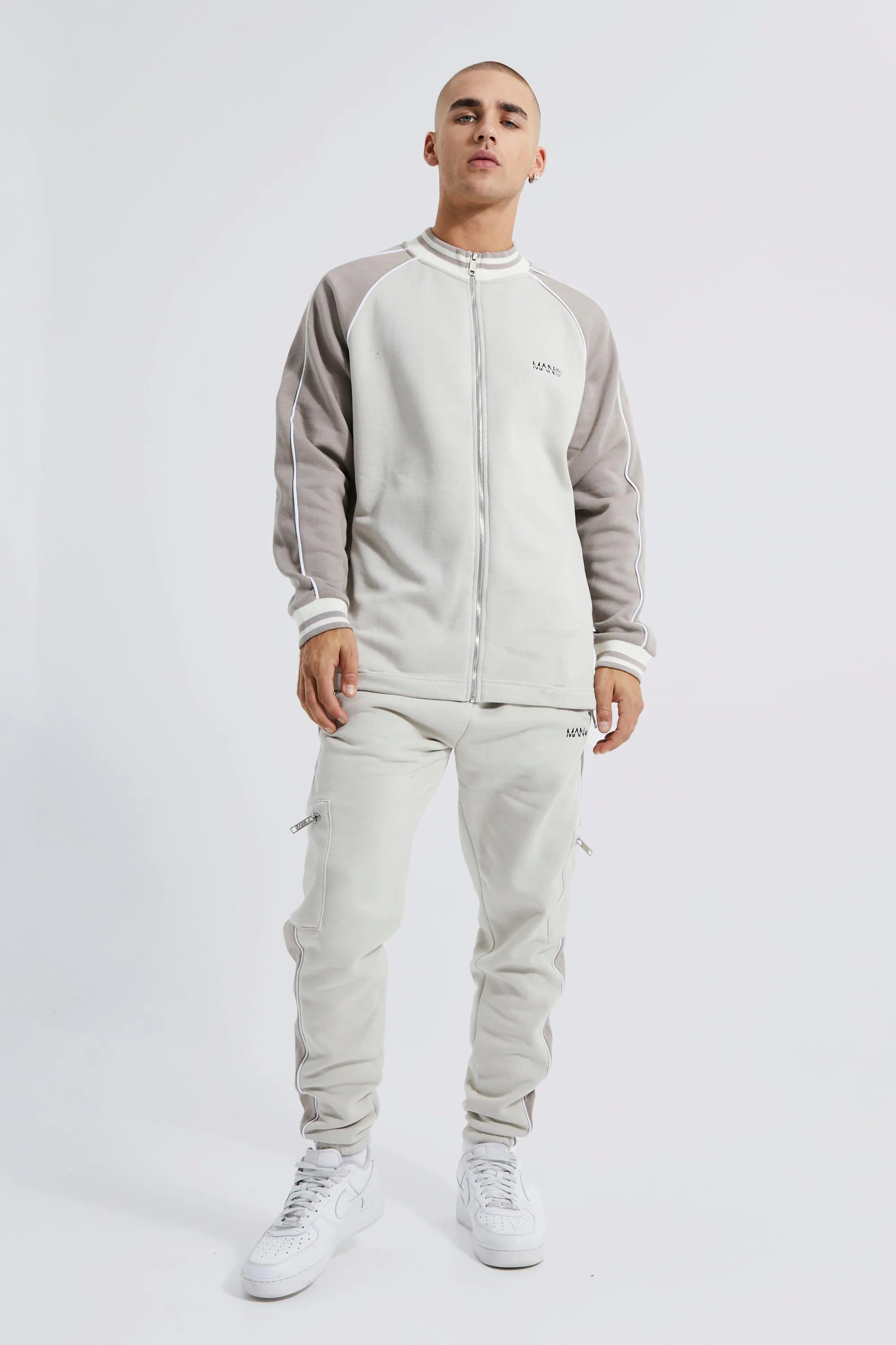 Colour Block Cargo Funnel Neck Tracksuit | boohooMAN UK