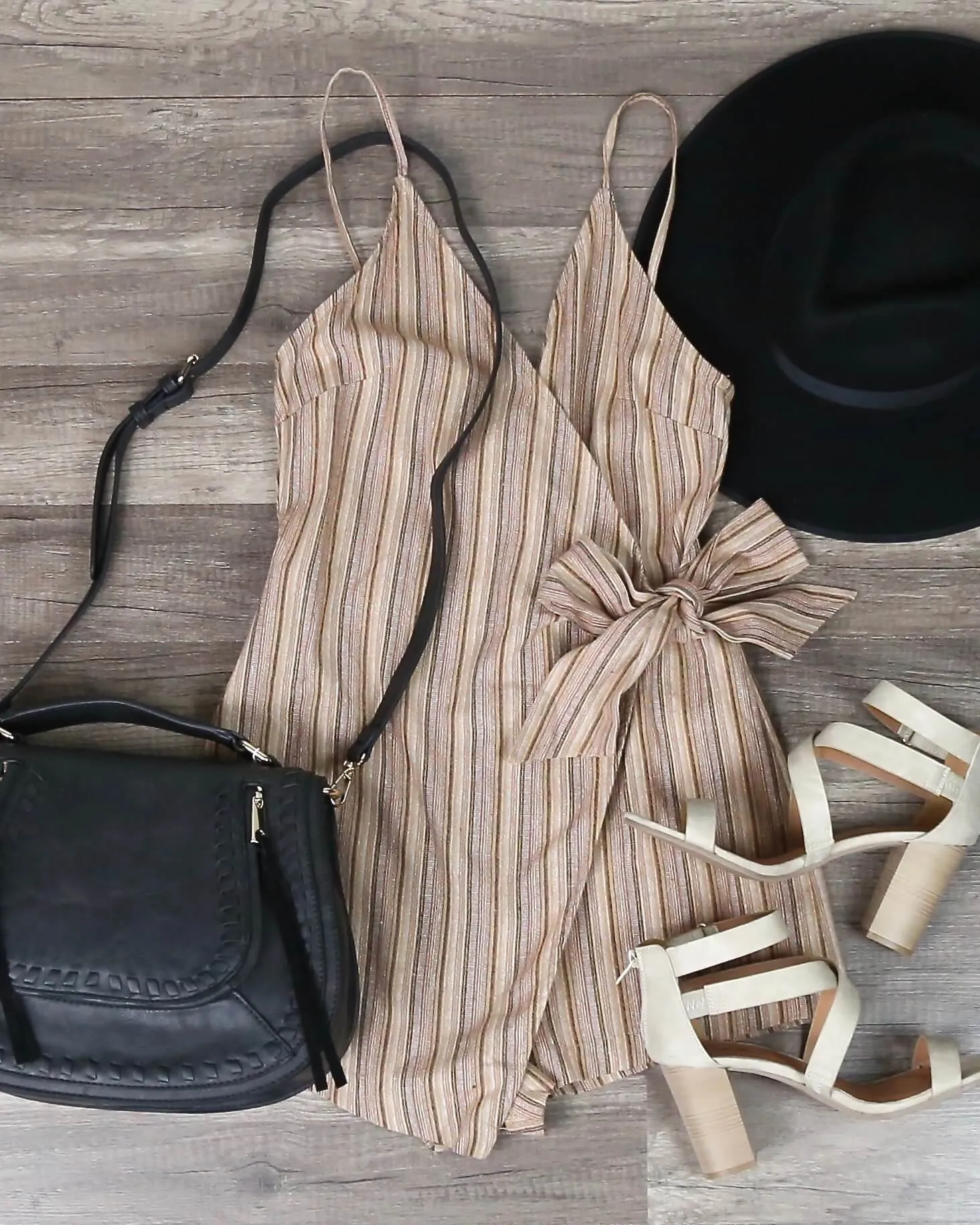 Cotton Candy LA - Selena Stripe Faux Wrap Romper in Tan