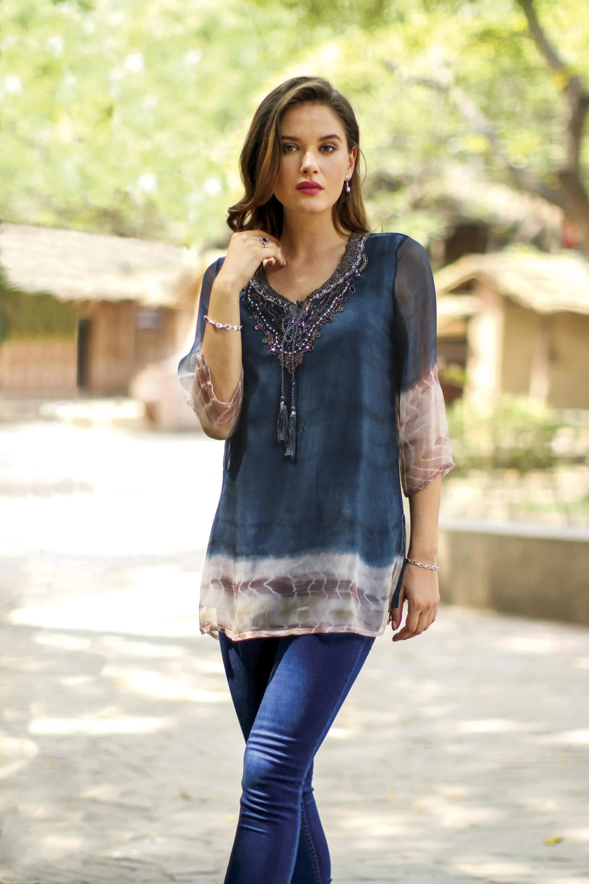 Delhi Azure Tie-Dyed Viscose Tunic in Azure from India