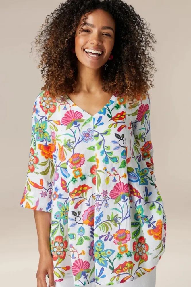 Folkloric Floral Linen Tunic - Multi - GRT5177-FLF