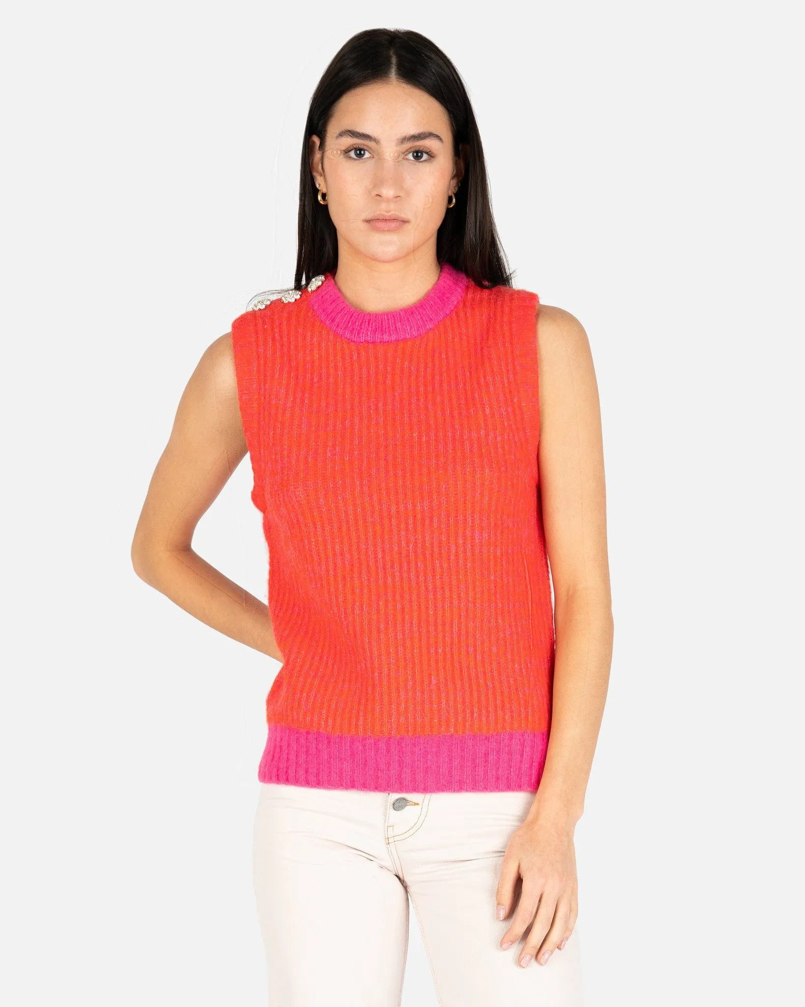 Ganni Chunky Soft Wool Knit Vest in Shocking Pink