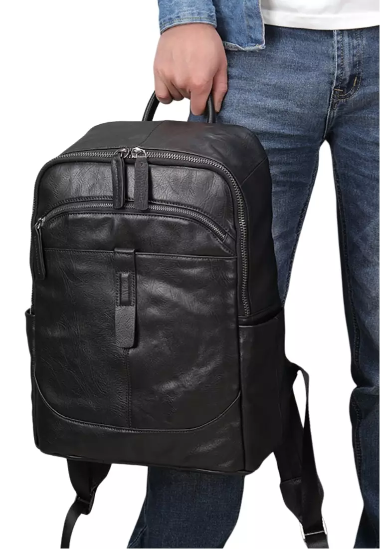 Lara Men's Retro Plain Cow Leather Business Backpack