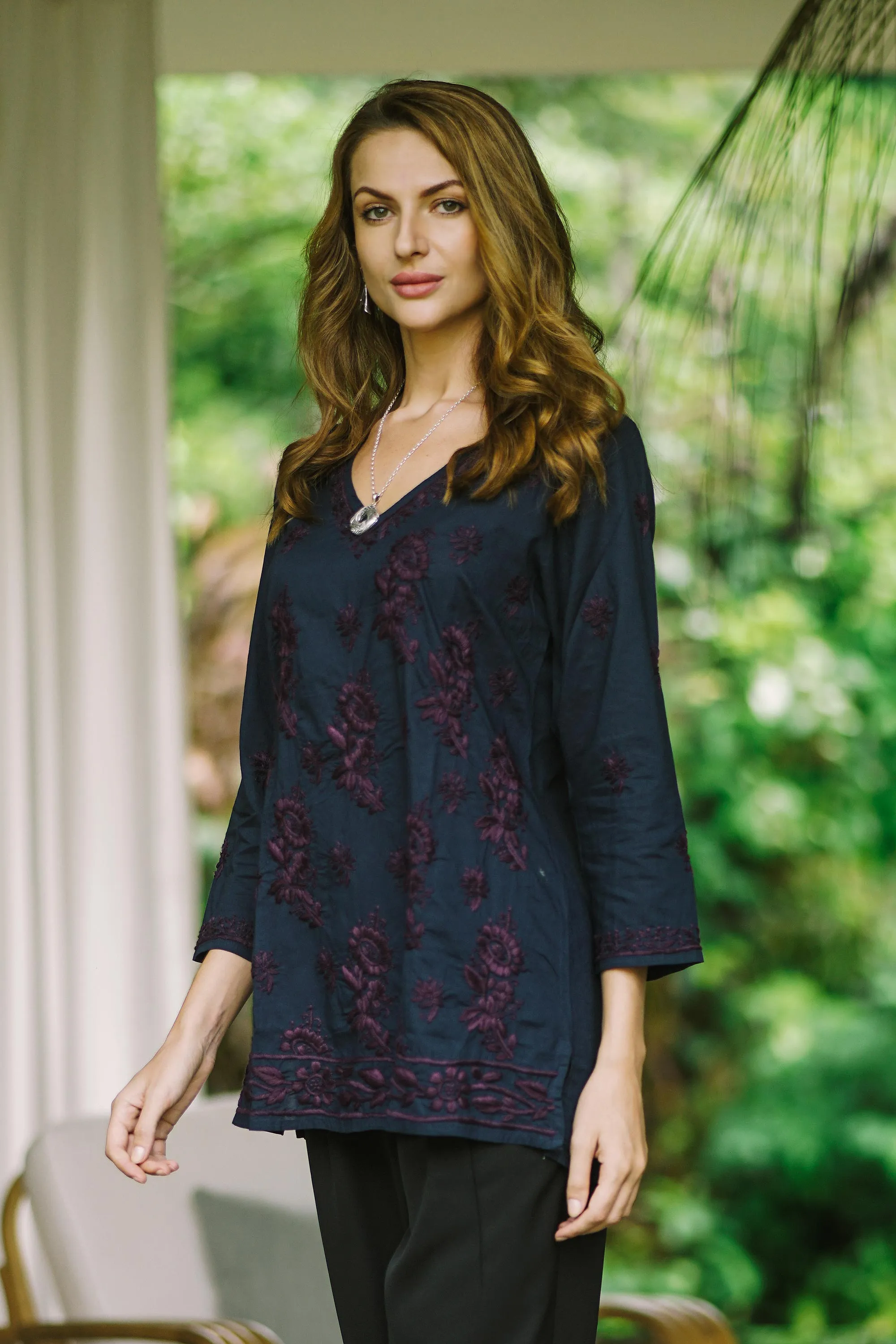 Lucknow Blossoms Hand Embroidered Navy Tunic with Maroon Flowers