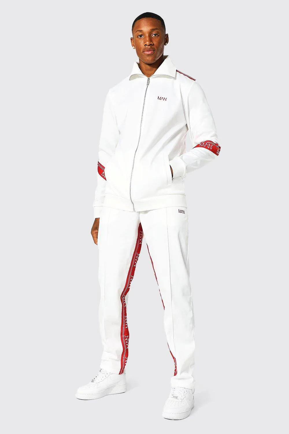 Man Zip Through Funnel Tricot Tape Tracksuit | boohooMAN UK