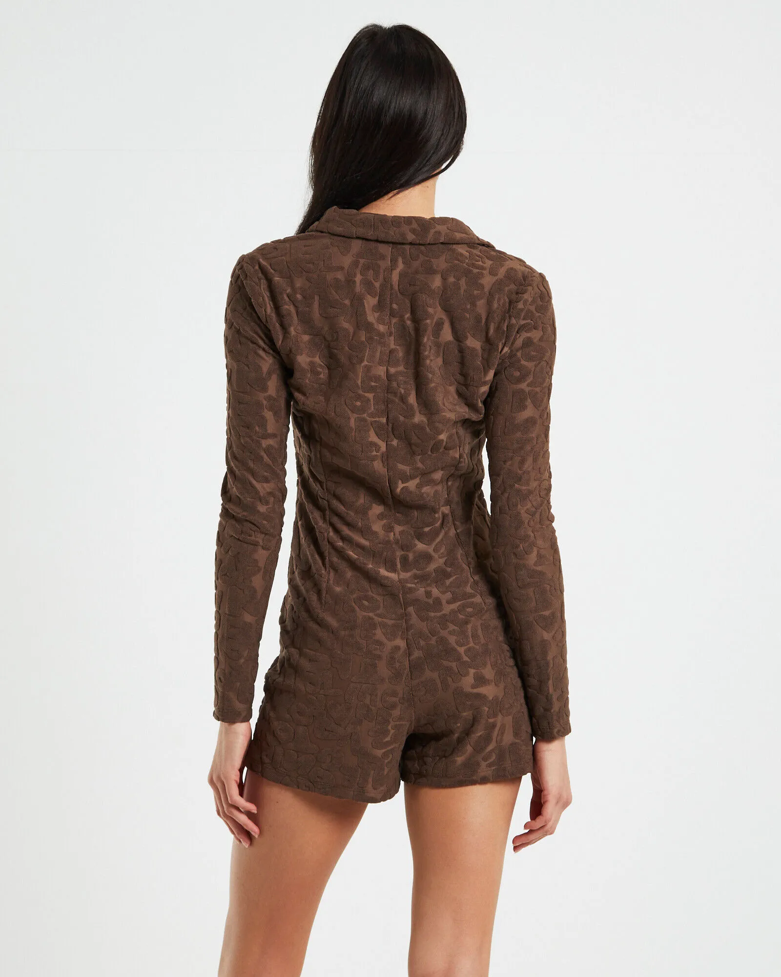 Neon Hart Elori Jacquard Terry Long Sleeve Romper in Brown