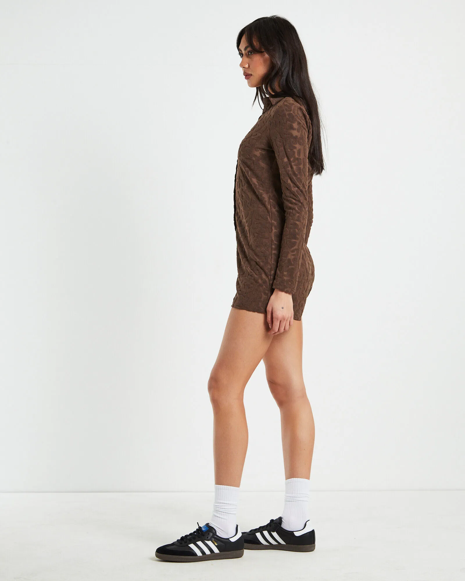 Neon Hart Elori Jacquard Terry Long Sleeve Romper in Brown