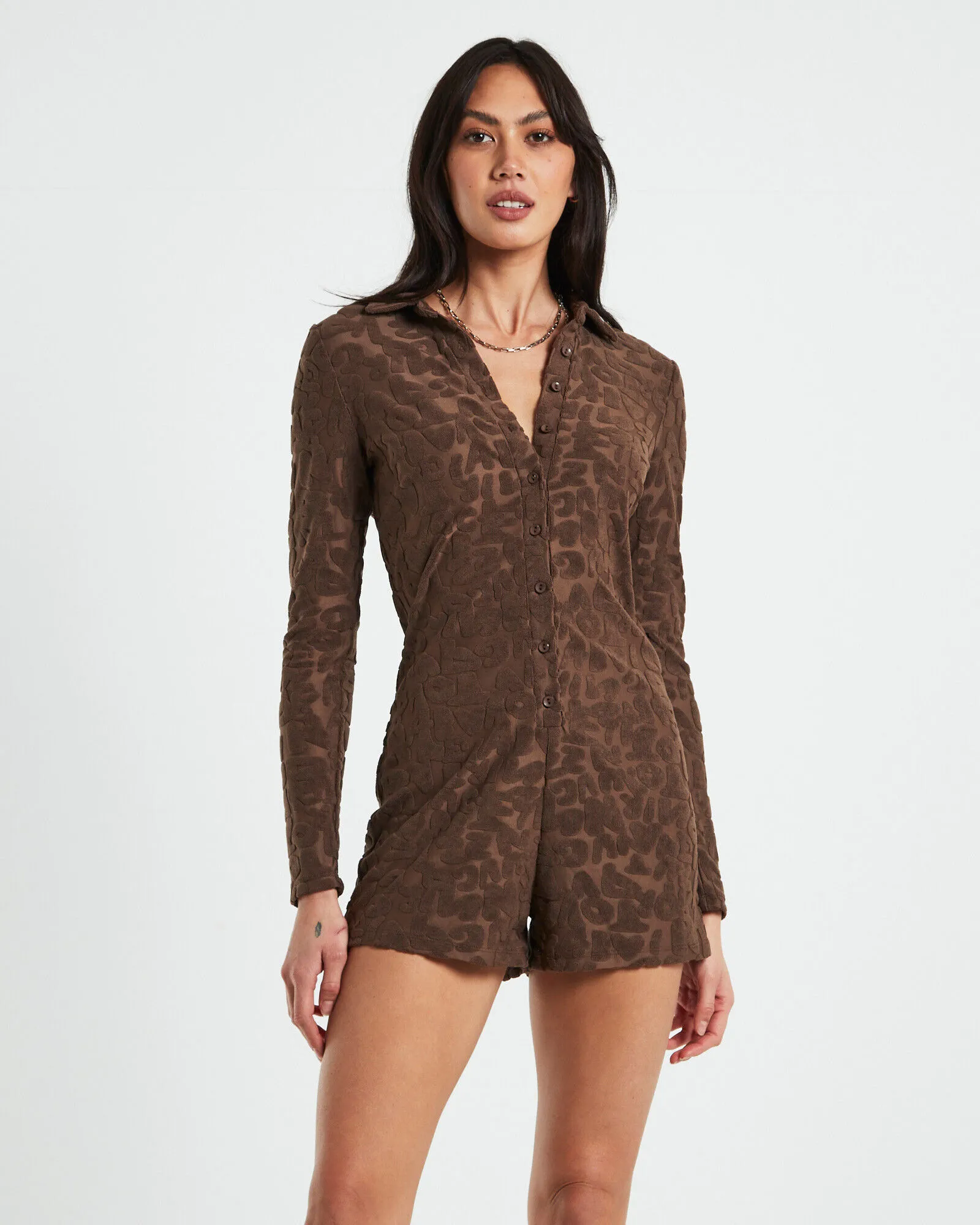 Neon Hart Elori Jacquard Terry Long Sleeve Romper in Brown