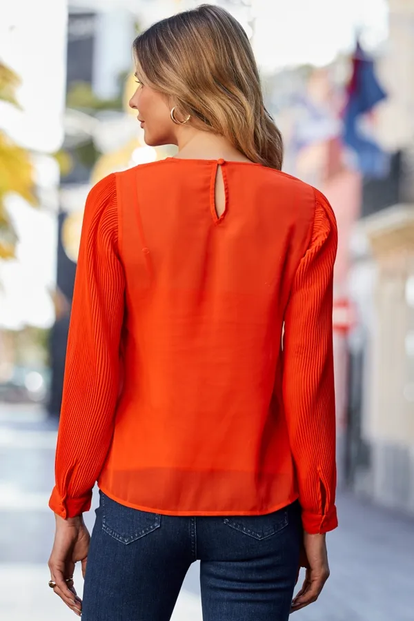 Orange Pleat Sleeve Tunic Top