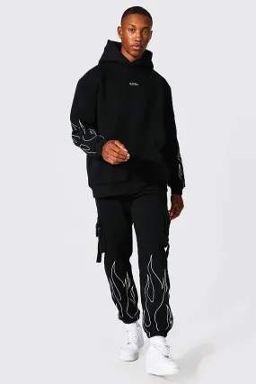 Oversized Man Flame Cargo Hooded Tracksuit