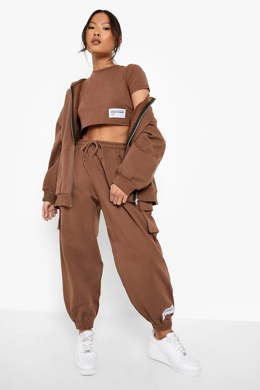 Petite 3 Piece Cargo Zip Through Tracksuit