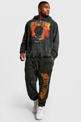 Plus Acid Wash Graphic Hooded Tracksuit