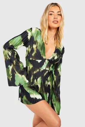 Printed Plisse Flare Sleeve Romper