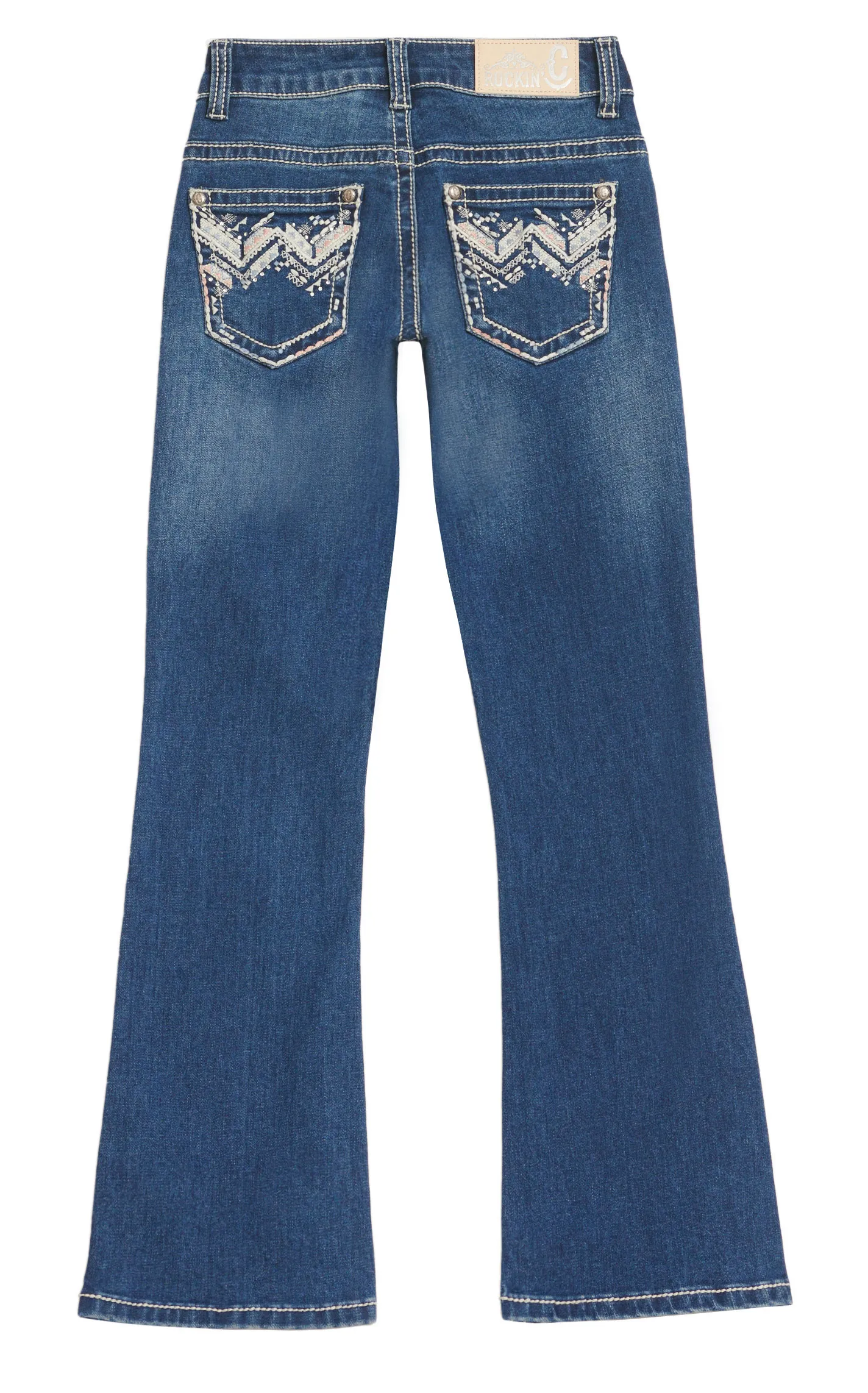 Rockin' C Girl's Dark Wash Embroidery Aztec V's & Bling Crystal Boot Cut Jeans