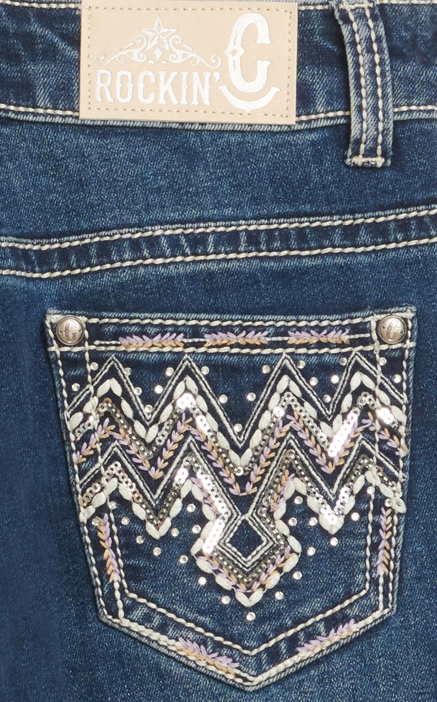 Rockin' C Girl's Medium Wash Embroidered Colorful Chevron & Bling Crystal Boot Cut Jeans