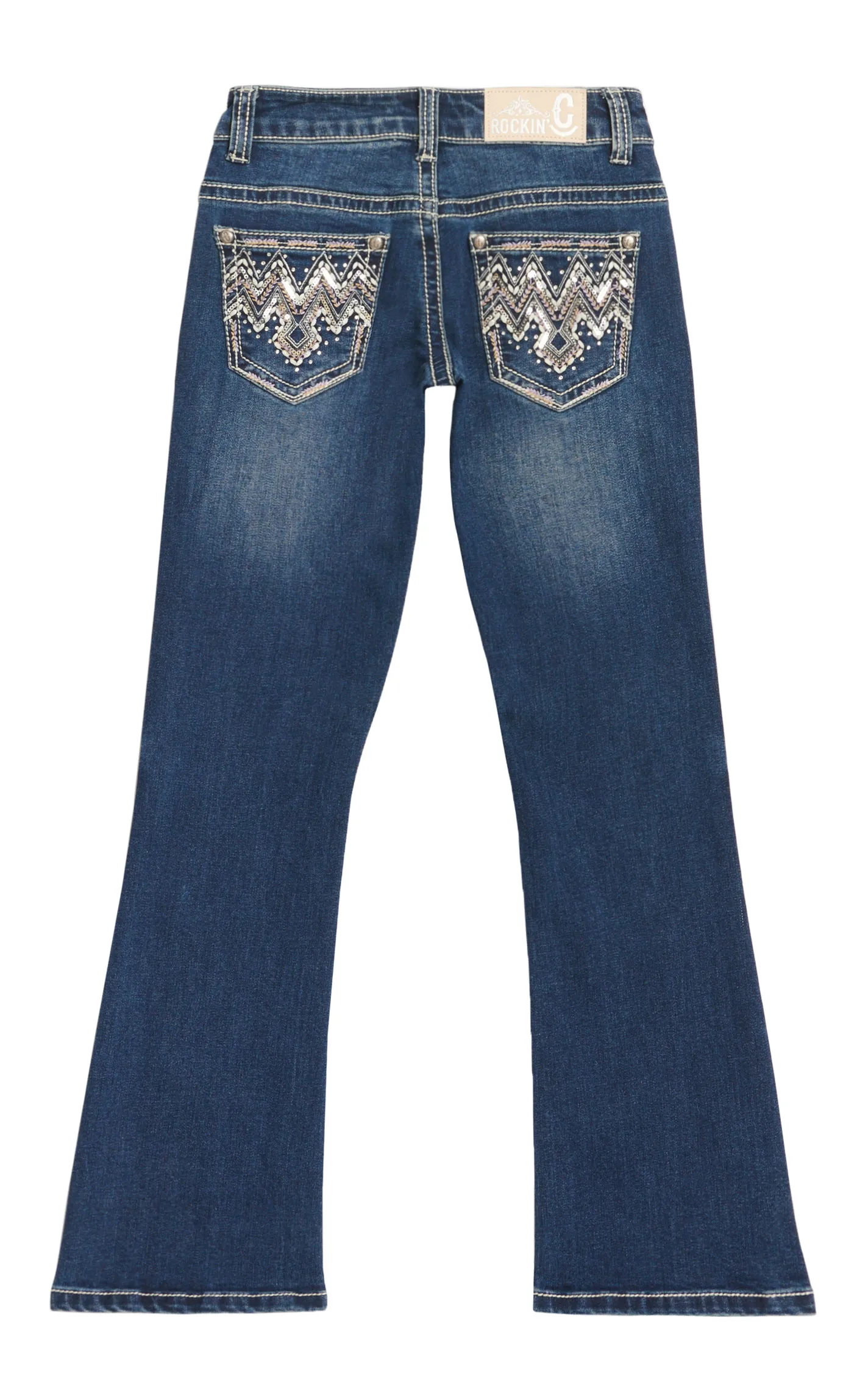 Rockin' C Girl's Medium Wash Embroidered Colorful Chevron & Bling Crystal Boot Cut Jeans