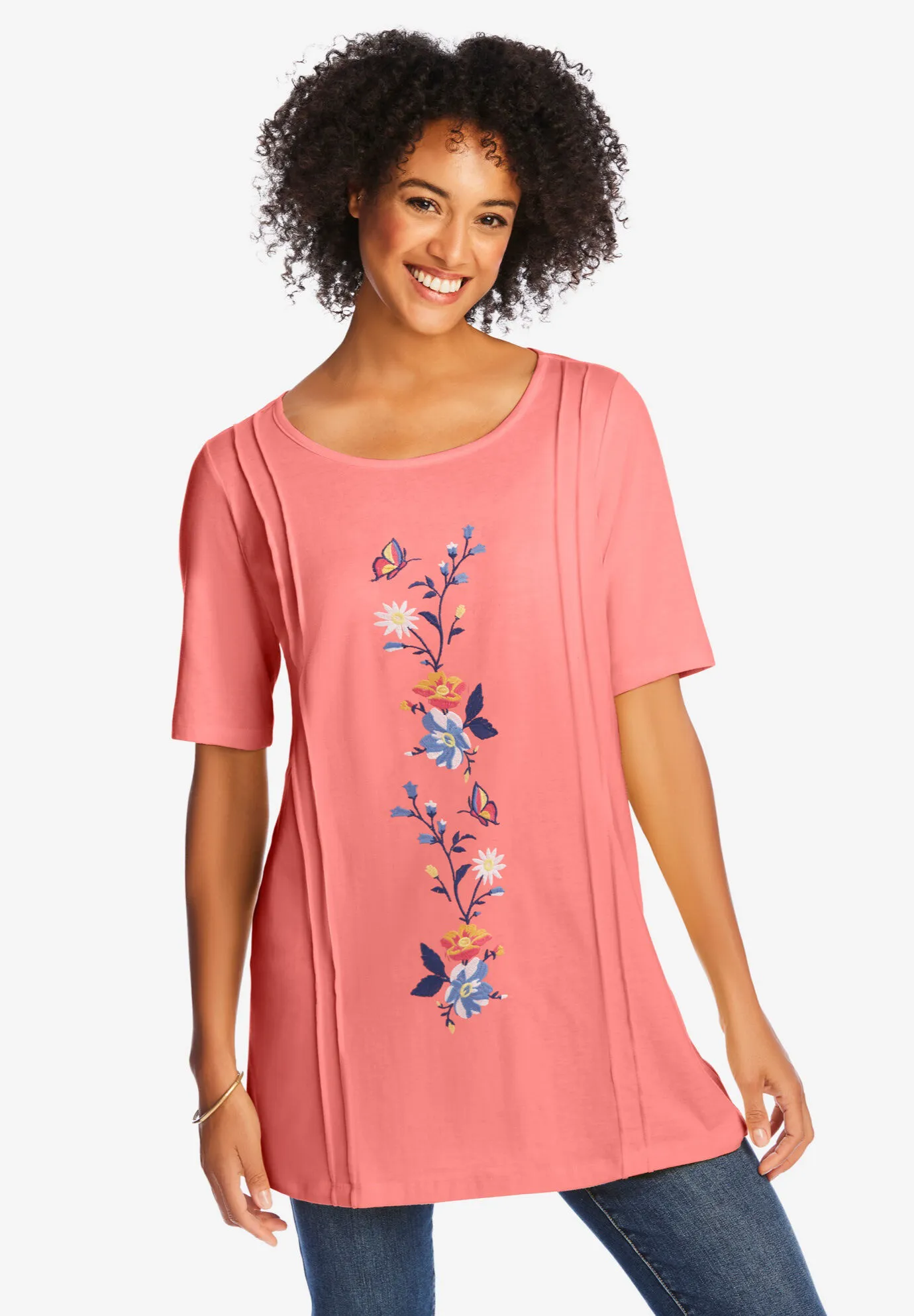 Short-Sleeve Scoopneck Embroidered Tunic