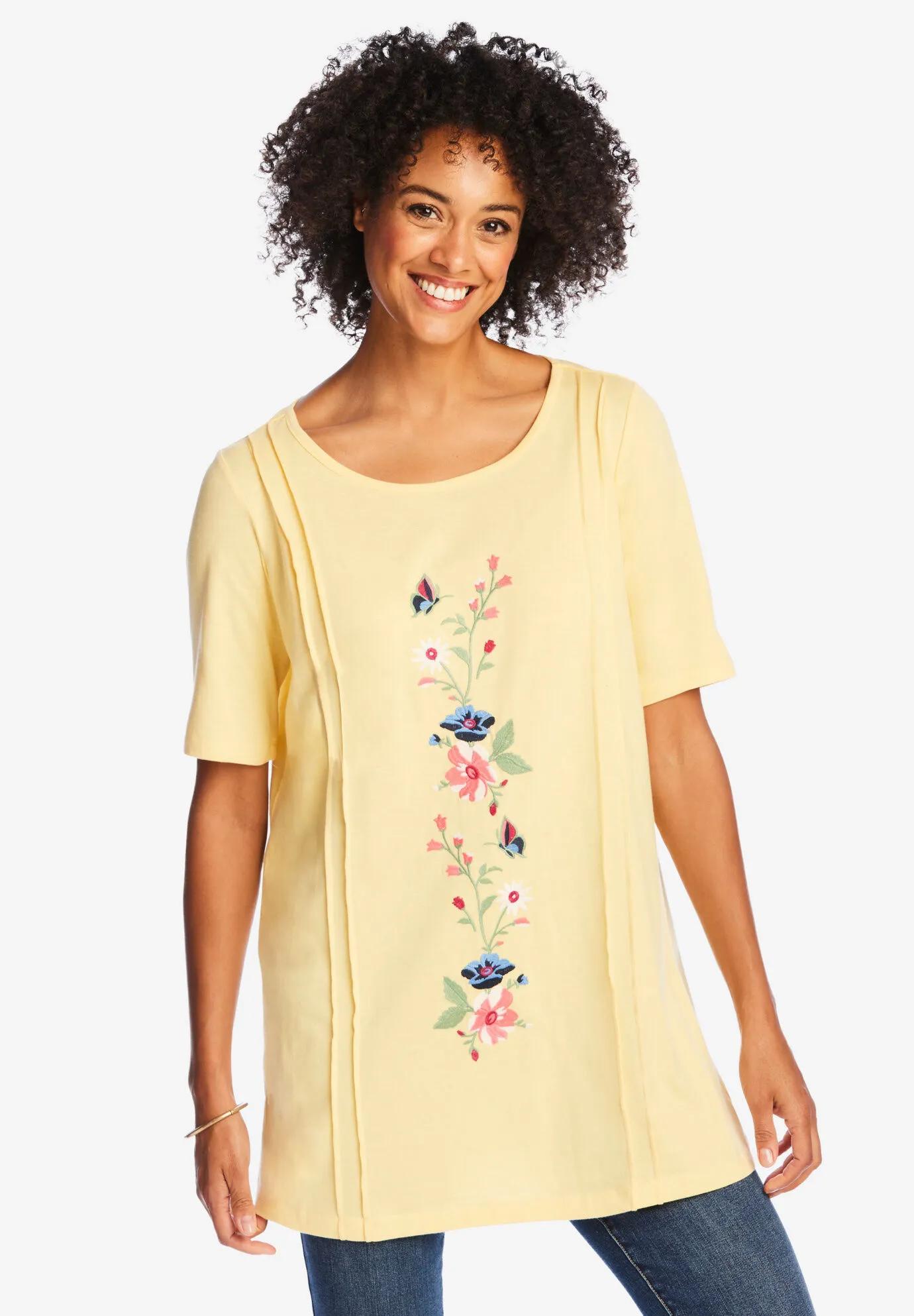 Short-Sleeve Scoopneck Embroidered Tunic