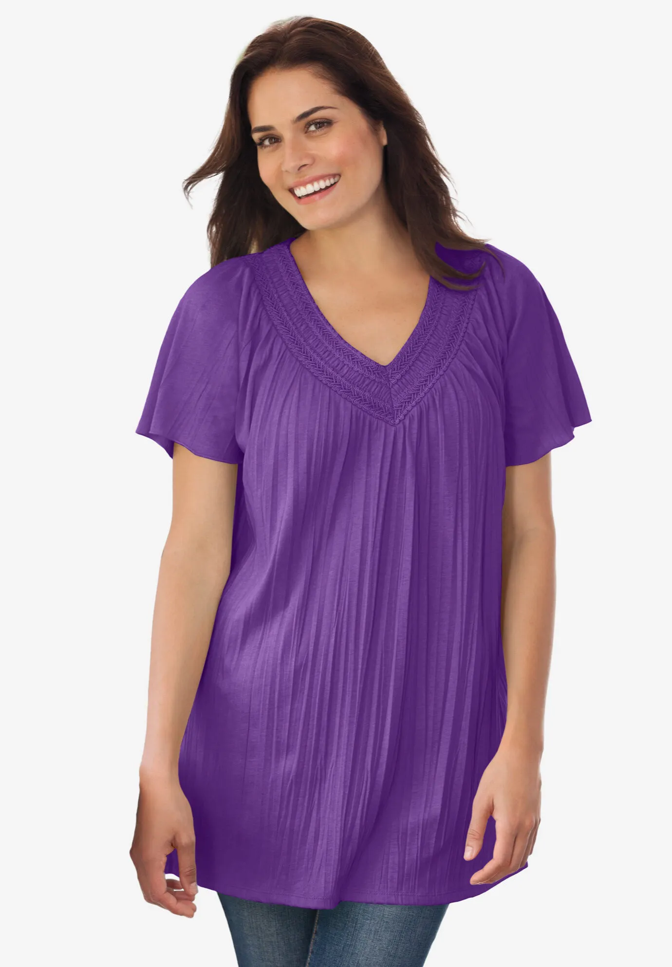 Short-Sleeve V-Neck Crinkle Tunic