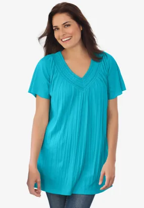 Short-Sleeve V-Neck Crinkle Tunic