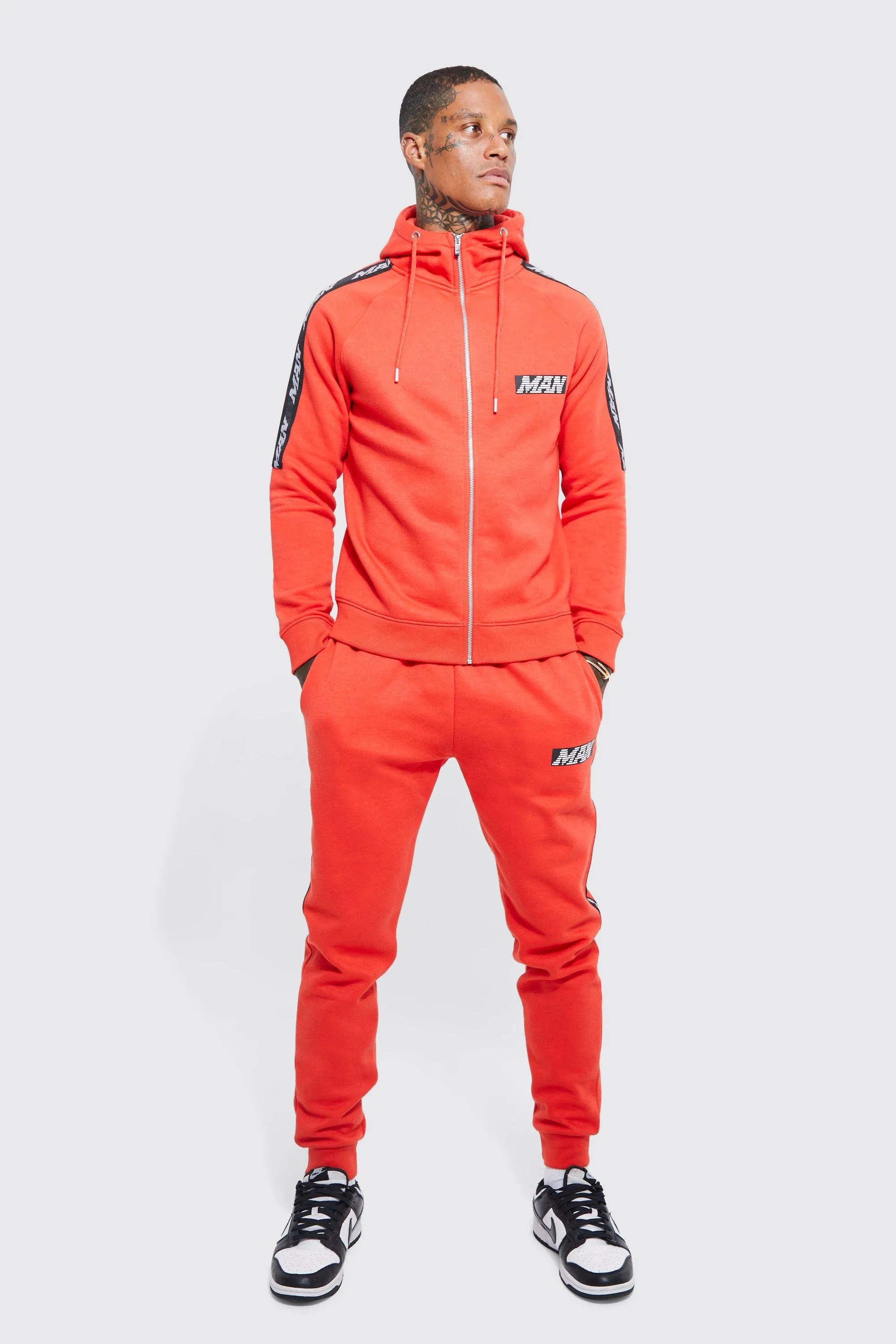 Slim Fit Man Tape Funnel Hooded Tracksuit