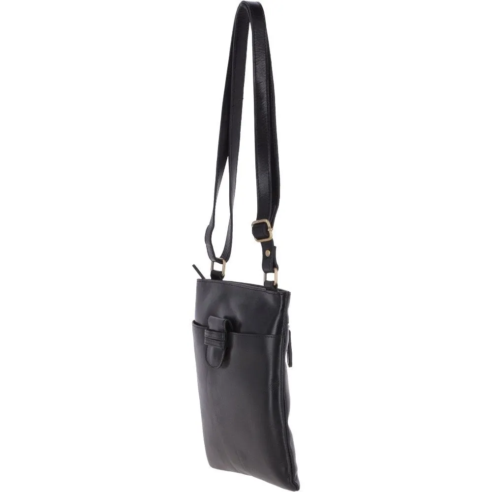 Small Zip Top Vegetable Tanned Leather Cross Body Bag Black : V-20