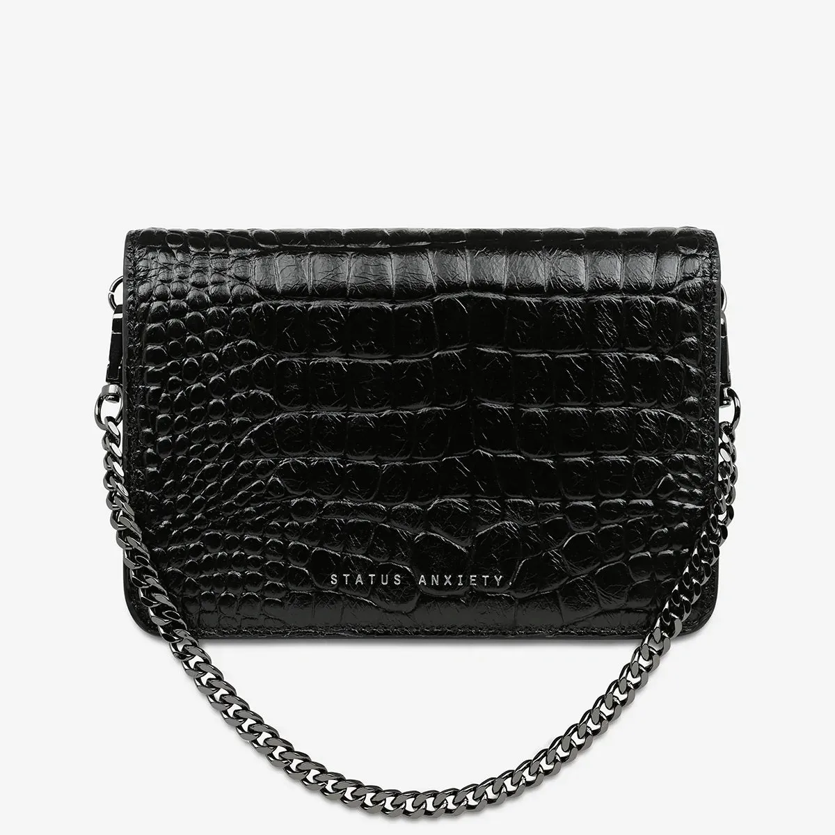 STATUS ANXIETY Womens She Burns Cross Body Leather Bag - Black Croc Emboss