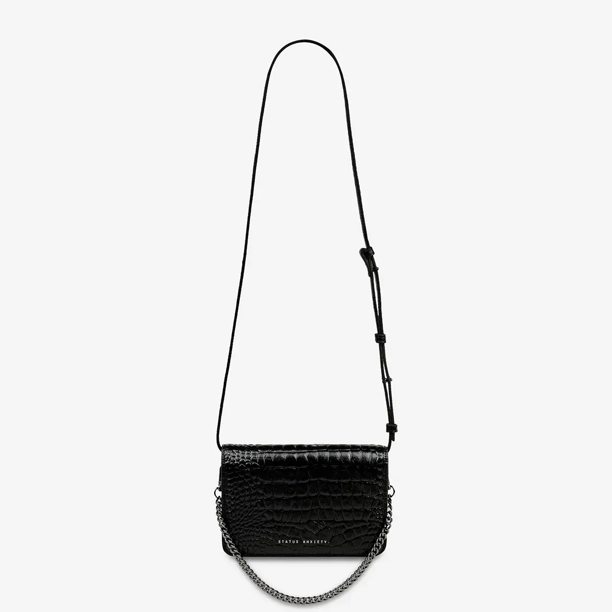 STATUS ANXIETY Womens She Burns Cross Body Leather Bag - Black Croc Emboss