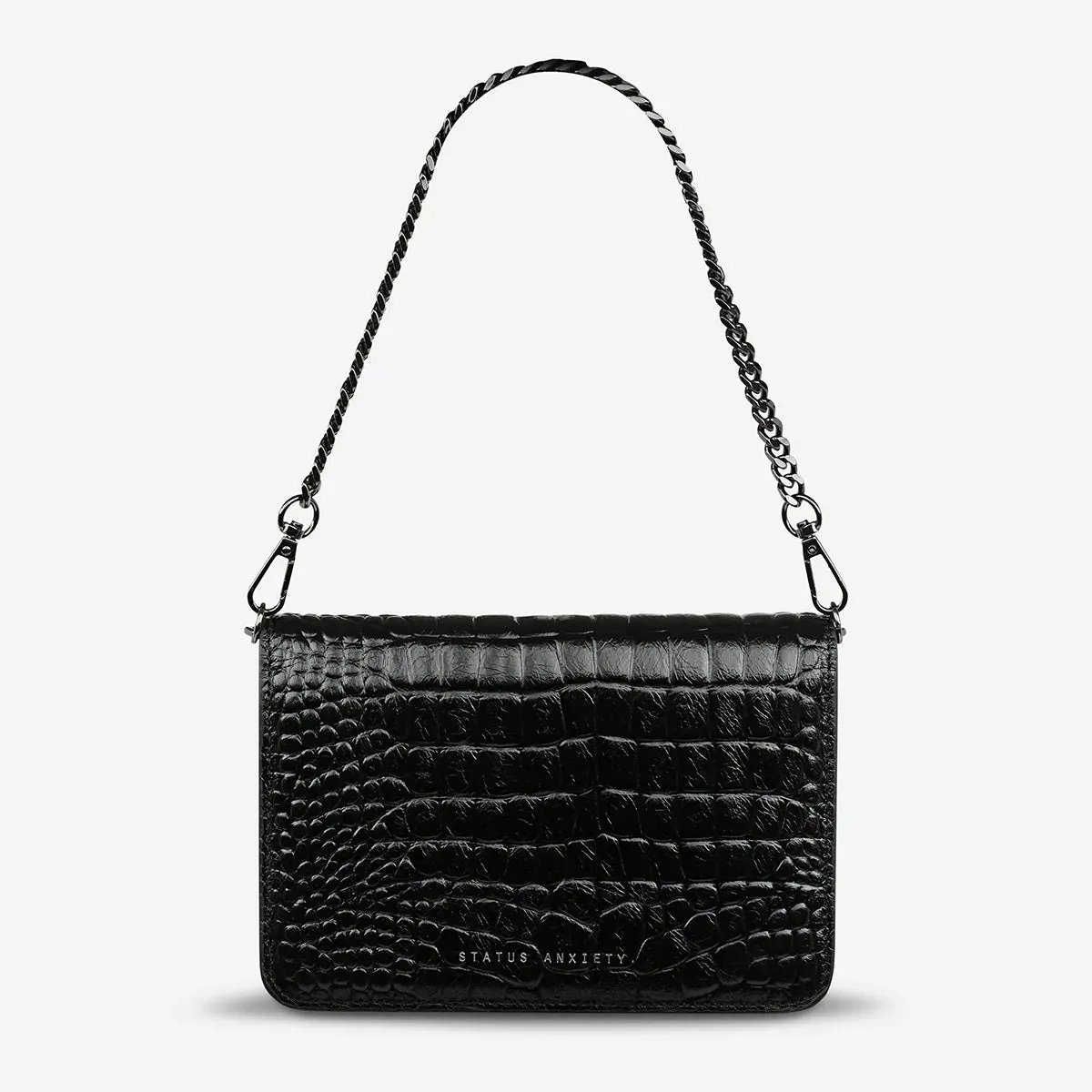 STATUS ANXIETY Womens She Burns Cross Body Leather Bag - Black Croc Emboss