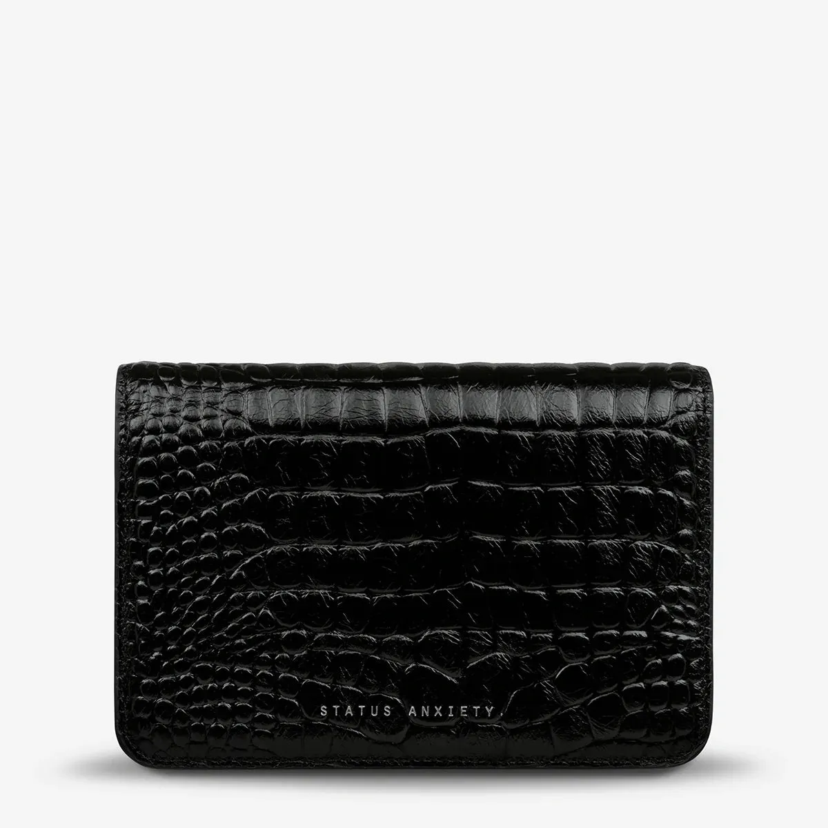 STATUS ANXIETY Womens She Burns Cross Body Leather Bag - Black Croc Emboss