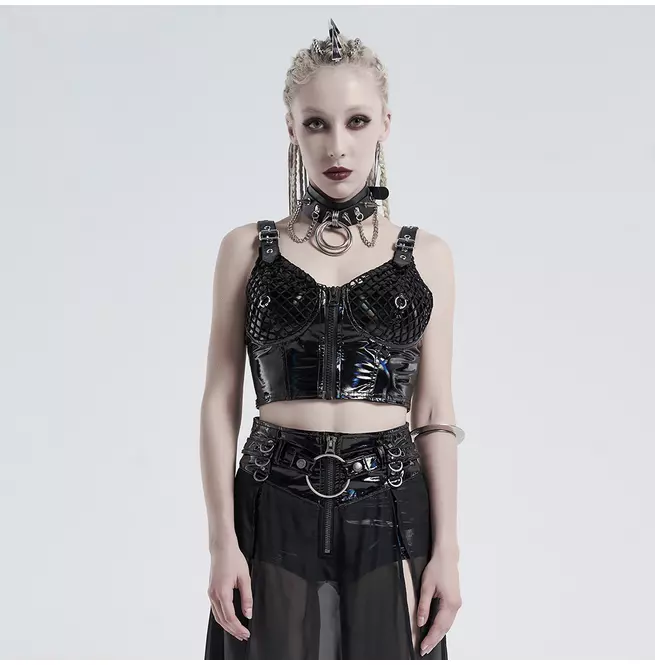 Steampunk Women's Zipper Crop Vest - Black