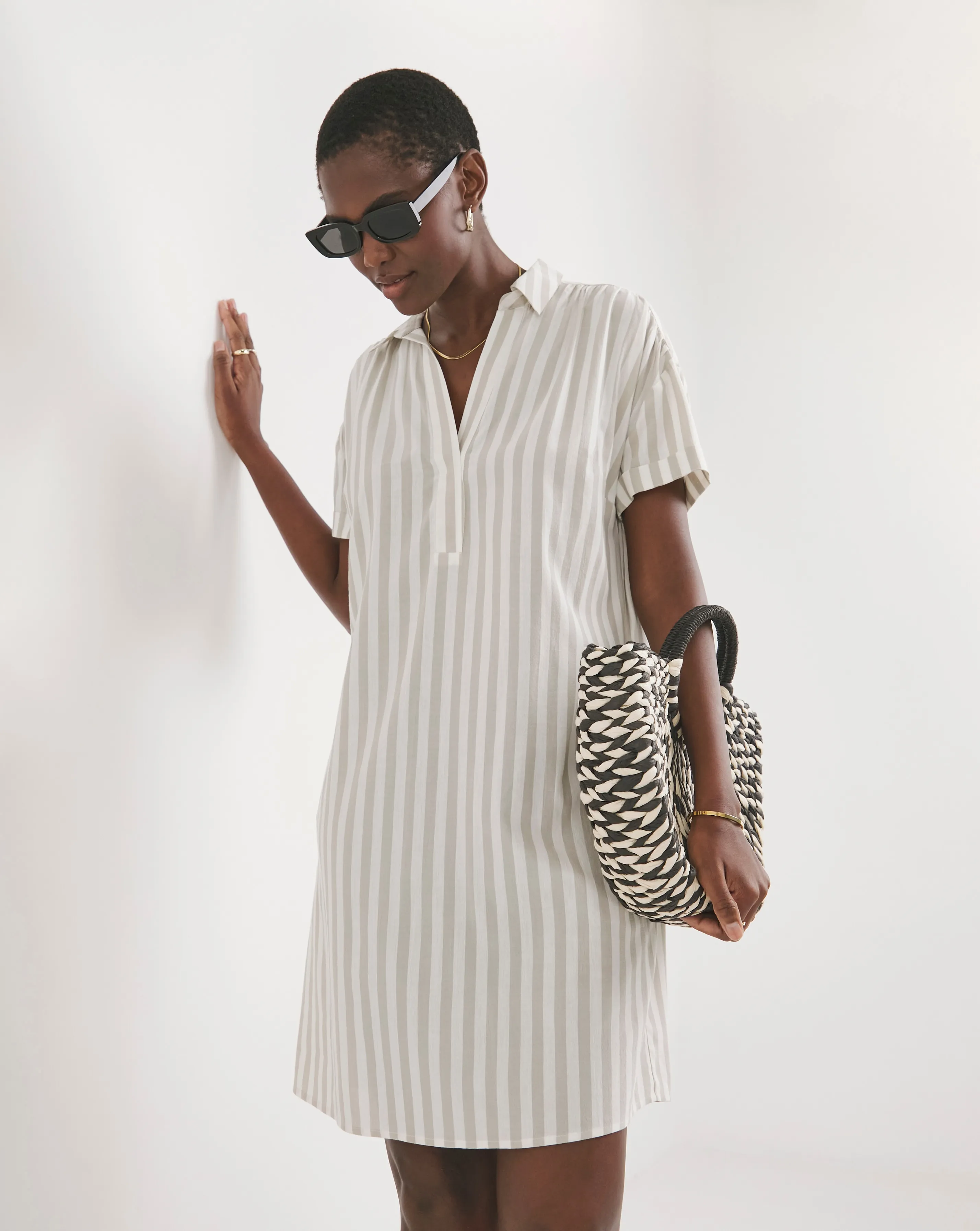 Stripe Collared Short Sleeve Tunic Dress