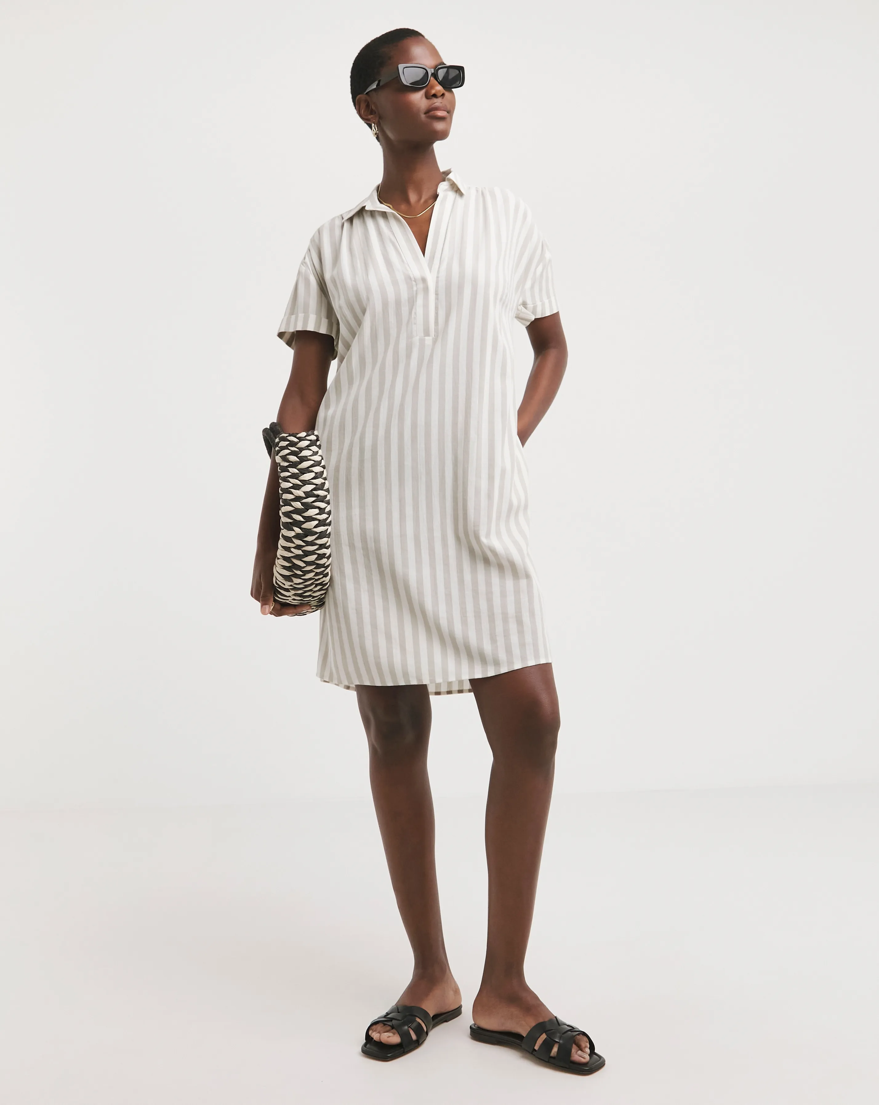 Stripe Collared Short Sleeve Tunic Dress