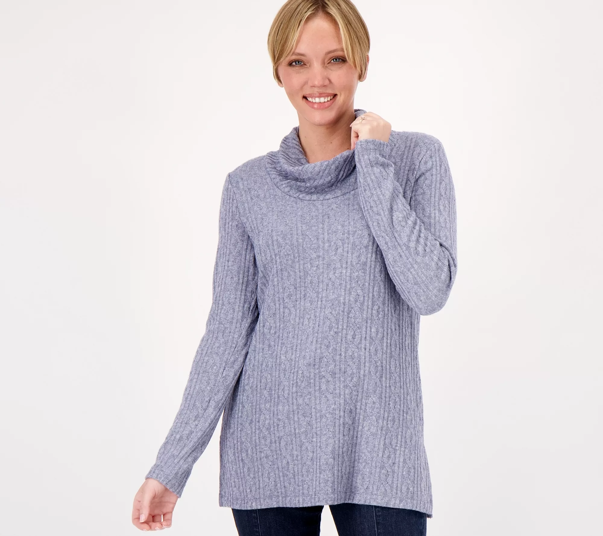 Susan Graver Lifestyle Petite Cable Cashmoozie Cowl Neck Tunic