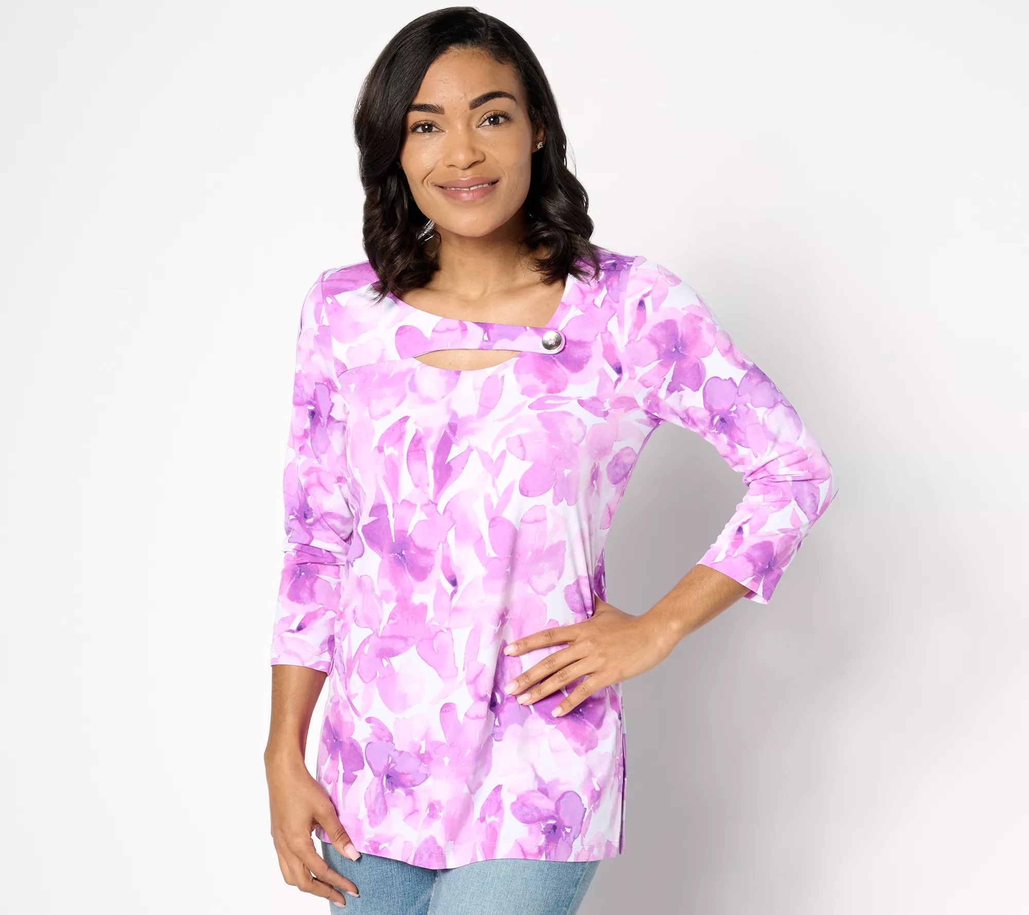 Susan Graver Petite Printed Liquid Knit Tunic with Cutout Detail