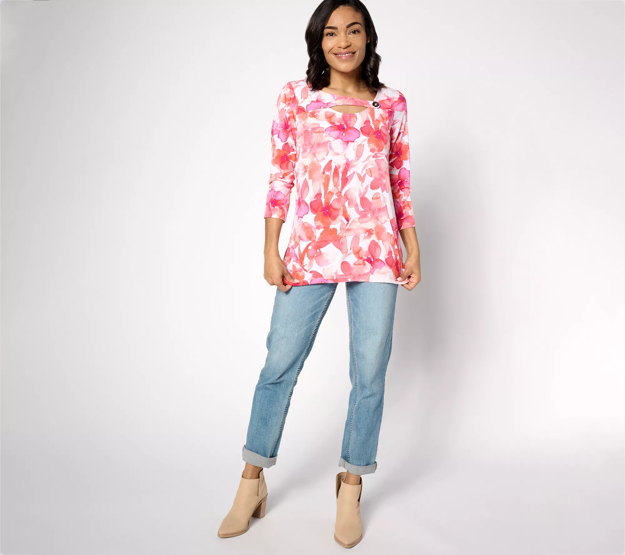 Susan Graver Petite Printed Liquid Knit Tunic with Cutout Detail