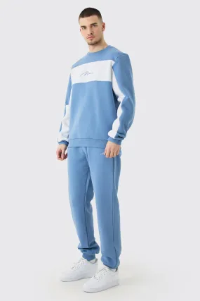 Tall Colour Block Man Sweatshirt Tracksuit In Blue | boohooMAN UK