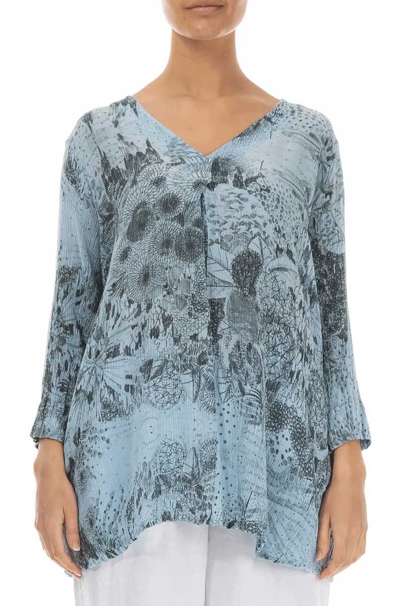 V-Neck Crinkled Sky Blue Jungle Silk Viscose Tunic