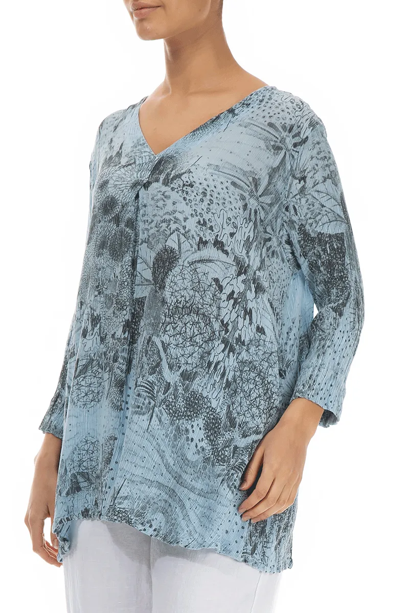 V-Neck Crinkled Sky Blue Jungle Silk Viscose Tunic