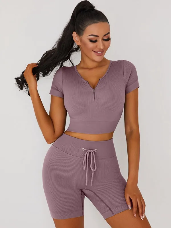 ZASUWA Female Knitted Chest Zipper Drawstring Ribbed Short Tracksuit