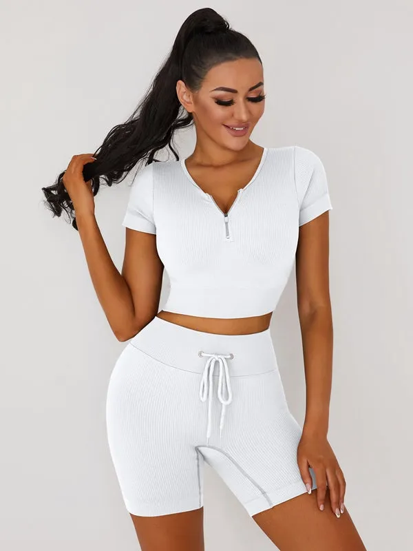 ZASUWA Female Knitted Chest Zipper Drawstring Ribbed Short Tracksuit